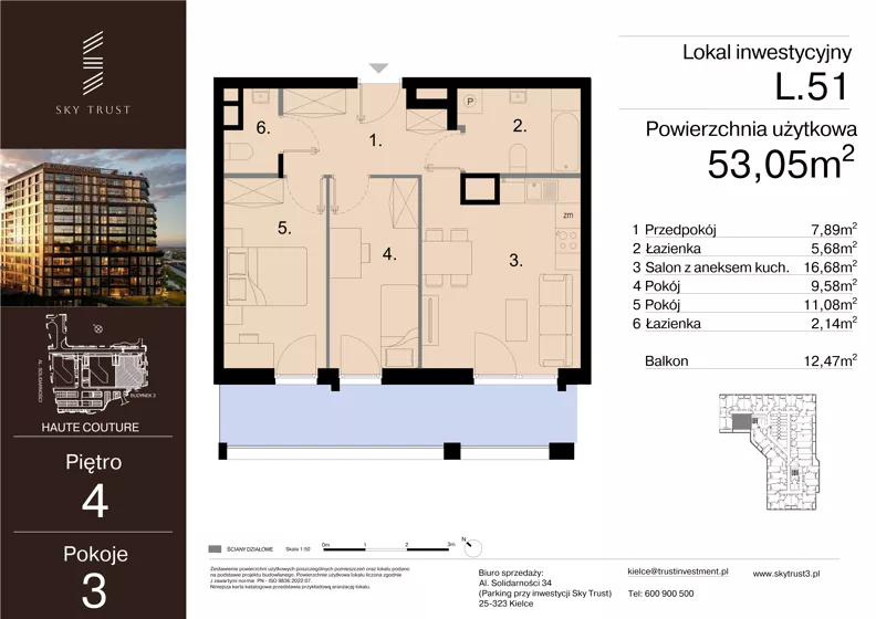 3 pokoje, lokal inwestycyjny 53,05 m², piętro 4, oferta nr L.51, Sky Trust III - lokale inwestycyjne, Kielce, Bocianek, al. Solidarności 32 B