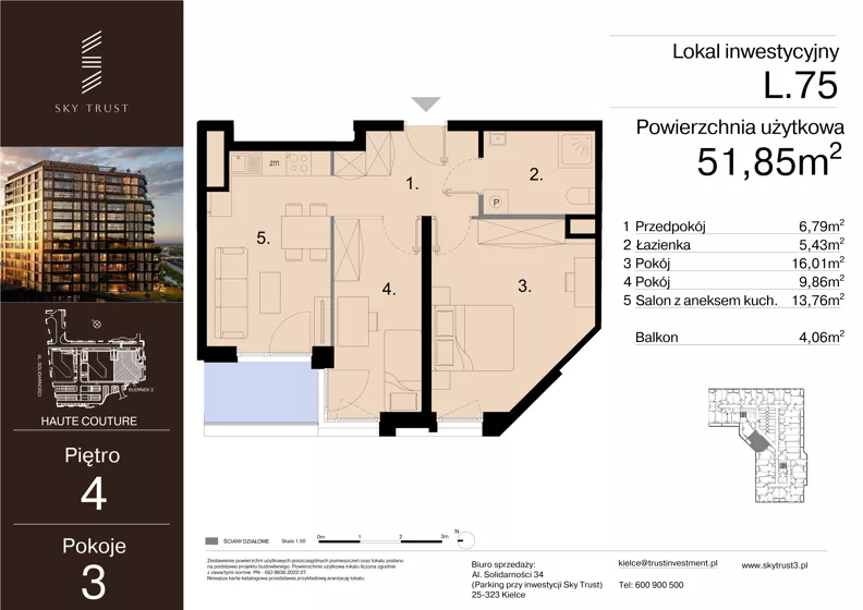 3 pokoje, lokal inwestycyjny 51,85 m², piętro 4, oferta nr L.75, Sky Trust III - lokale inwestycyjne, Kielce, Bocianek, al. Solidarności 32 B