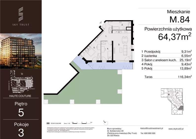 3 pokoje, mieszkanie 64,37 m², piętro 5, oferta nr M.84, Sky Trust III, Kielce, Bocianek, al. Solidarności 32 B