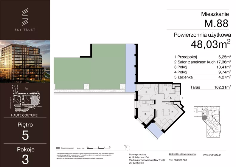 3 pokoje, mieszkanie 48,03 m², piętro 5, oferta nr M.88, Sky Trust III, Kielce, Bocianek, al. Solidarności 32 B
