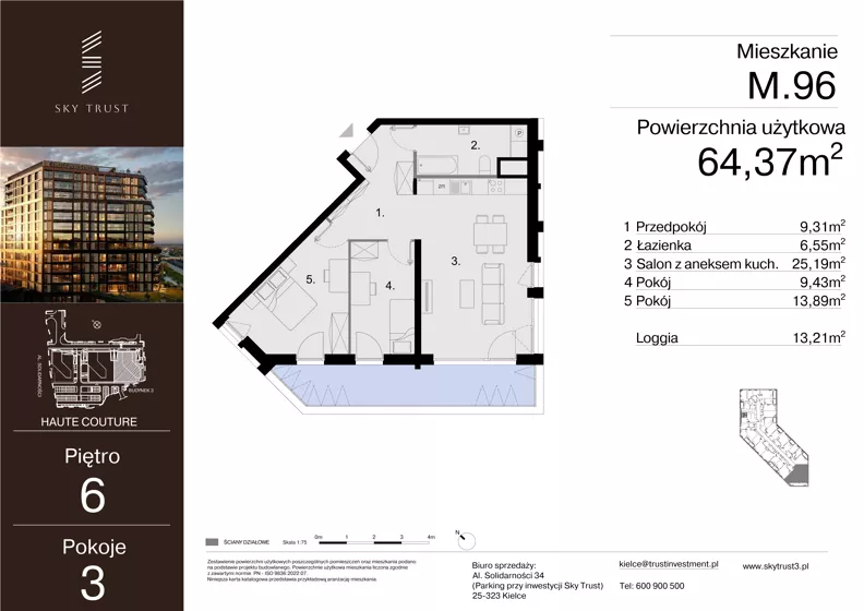 3 pokoje, mieszkanie 64,37 m², piętro 6, oferta nr M.96, Sky Trust III, Kielce, Bocianek, al. Solidarności 32 B