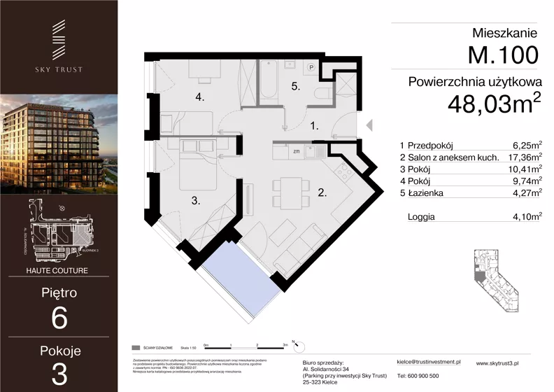 3 pokoje, mieszkanie 48,03 m², piętro 6, oferta nr M.100, Sky Trust III, Kielce, Bocianek, al. Solidarności 32 B