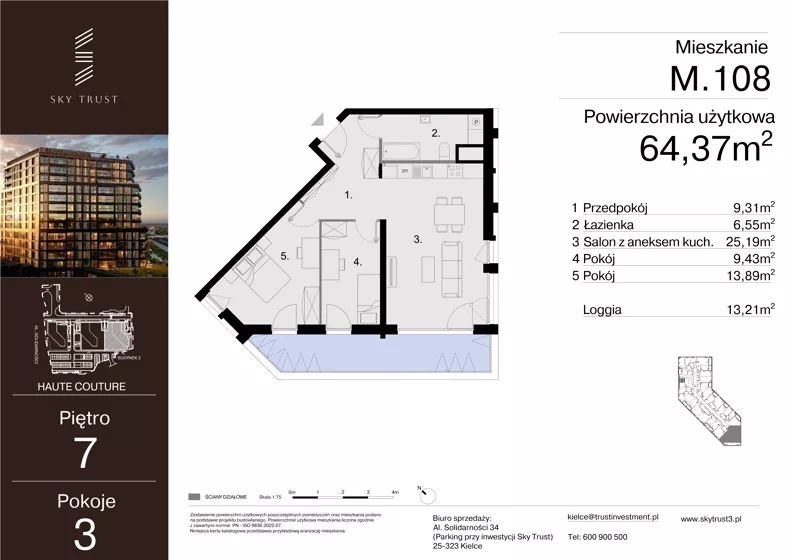 3 pokoje, mieszkanie 64,37 m², piętro 7, oferta nr M.108, Sky Trust III, Kielce, Bocianek, al. Solidarności 32 B