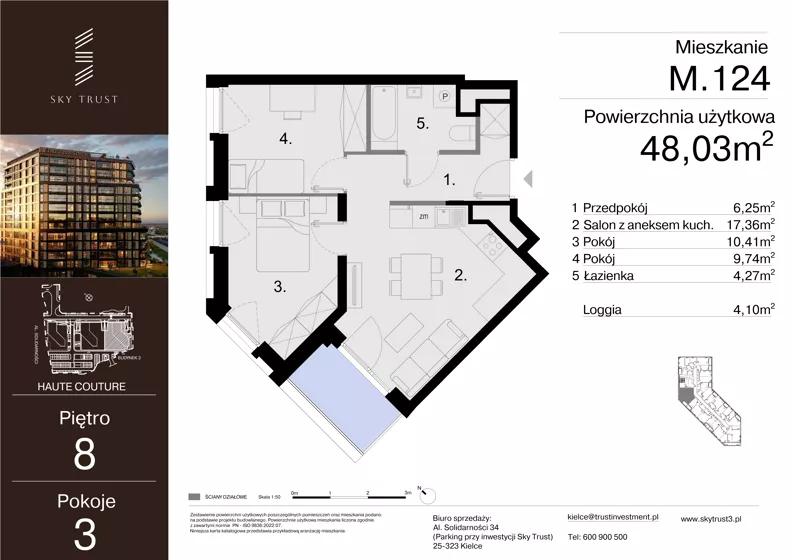 3 pokoje, mieszkanie 48,03 m², piętro 8, oferta nr M.124, Sky Trust III, Kielce, Bocianek, al. Solidarności 32 B