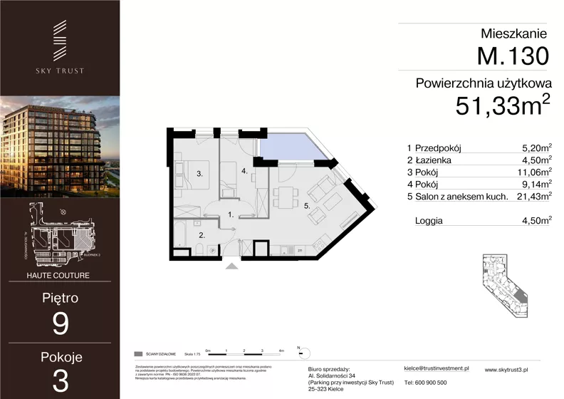 3 pokoje, mieszkanie 51,33 m², piętro 9, oferta nr M.130, Sky Trust III, Kielce, Bocianek, al. Solidarności 32 B