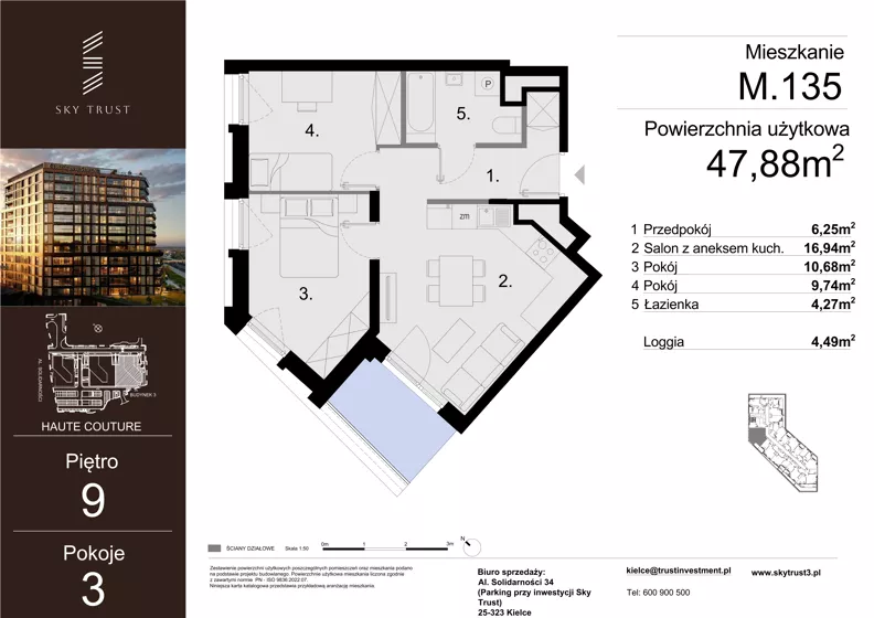 3 pokoje, mieszkanie 47,88 m², piętro 9, oferta nr M.135, Sky Trust III, Kielce, Bocianek, al. Solidarności 32 B