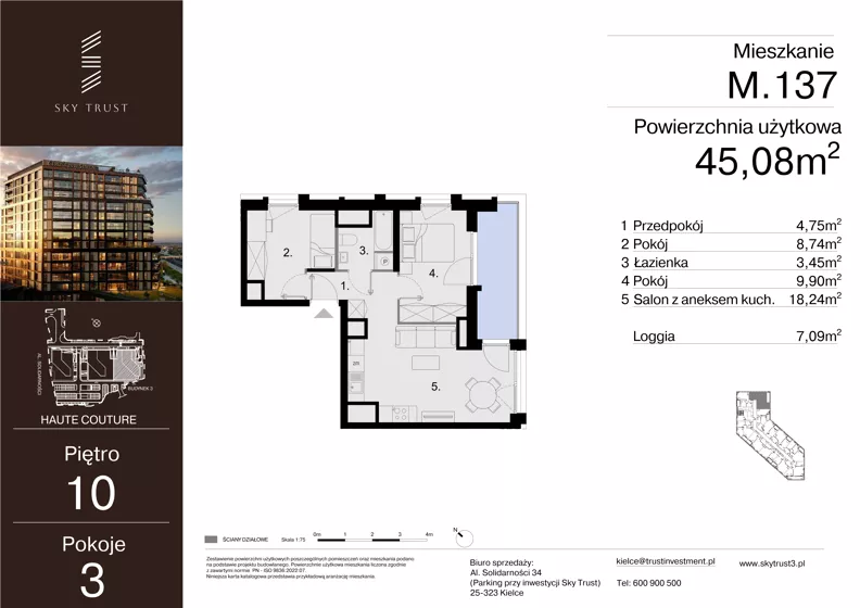 3 pokoje, mieszkanie 45,08 m², piętro 10, oferta nr M.137, Sky Trust III, Kielce, Bocianek, al. Solidarności 32 B