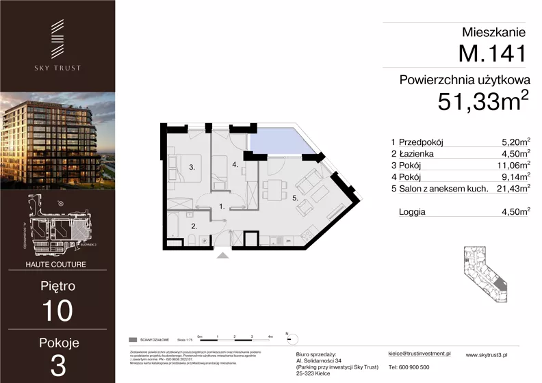 3 pokoje, mieszkanie 51,33 m², piętro 10, oferta nr M.141, Sky Trust III, Kielce, Bocianek, al. Solidarności 32 B