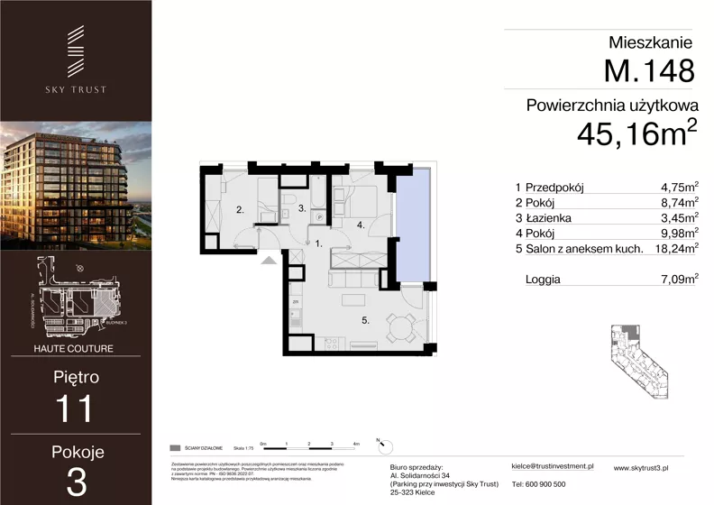 3 pokoje, mieszkanie 45,16 m², piętro 11, oferta nr M.148, Sky Trust III, Kielce, Bocianek, al. Solidarności 32 B
