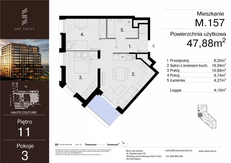 3 pokoje, mieszkanie 47,88 m², piętro 11, oferta nr M.157, Sky Trust III, Kielce, Bocianek, al. Solidarności 32 B