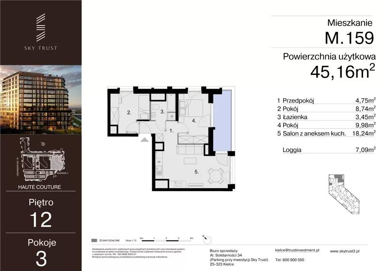 3 pokoje, mieszkanie 45,16 m², piętro 12, oferta nr M.159, Sky Trust III, Kielce, Bocianek, al. Solidarności 32 B