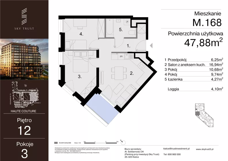 3 pokoje, mieszkanie 47,88 m², piętro 12, oferta nr M.168, Sky Trust III, Kielce, Bocianek, al. Solidarności 32 B