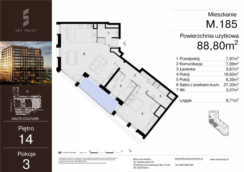 3 pokoje, mieszkanie 88,80 m², piętro 14, oferta nr M.185, Sky Trust III, Kielce, Bocianek, al. Solidarności 32 B