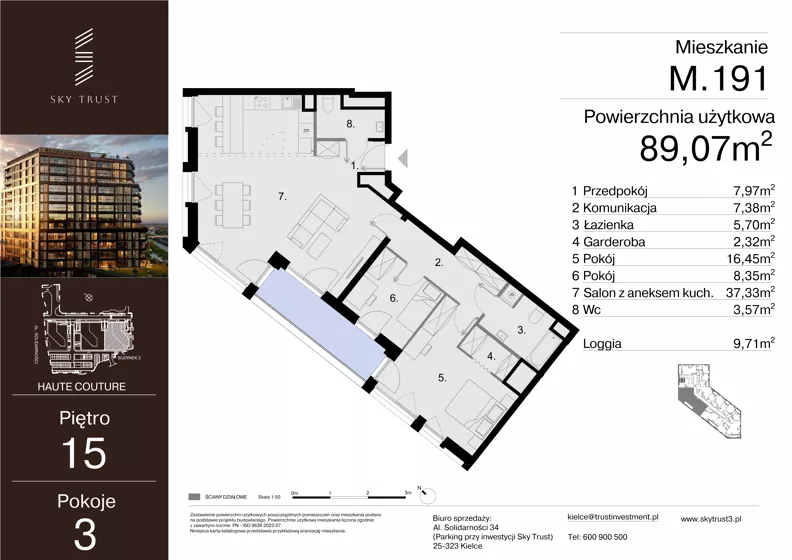 3 pokoje, mieszkanie 89,07 m², piętro 15, oferta nr M.191, Sky Trust III, Kielce, Bocianek, al. Solidarności 32 B