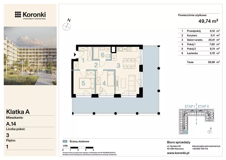 3 pokoje, mieszkanie 49,74 m², piętro 1, oferta nr A.14, Koronki Apartamenty Korfantego, Katowice, Wełnowiec-Józefowiec, al. Wojciecha Korfantego 125a
