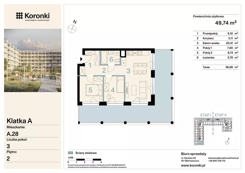 3 pokoje, mieszkanie 49,74 m², piętro 2, oferta nr A.28, Koronki Apartamenty Korfantego, Katowice, Wełnowiec-Józefowiec, al. Wojciecha Korfantego 125a