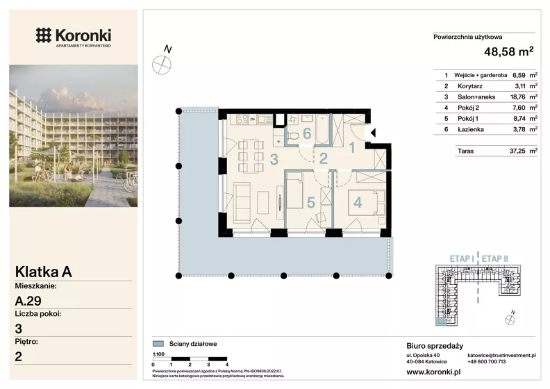 3 pokoje, mieszkanie 48,58 m², piętro 2, oferta nr A.29, Koronki Apartamenty Korfantego, Katowice, Wełnowiec-Józefowiec, al. Wojciecha Korfantego 125a