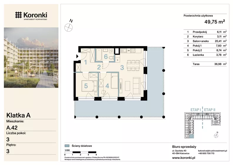 3 pokoje, mieszkanie 49,75 m², piętro 3, oferta nr A.42, Koronki Apartamenty Korfantego, Katowice, Wełnowiec-Józefowiec, al. Wojciecha Korfantego 125a