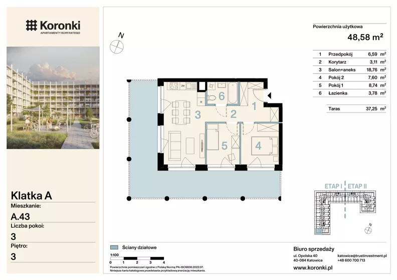 3 pokoje, mieszkanie 48,58 m², piętro 3, oferta nr A.43, Koronki Apartamenty Korfantego, Katowice, Wełnowiec-Józefowiec, al. Wojciecha Korfantego 125a