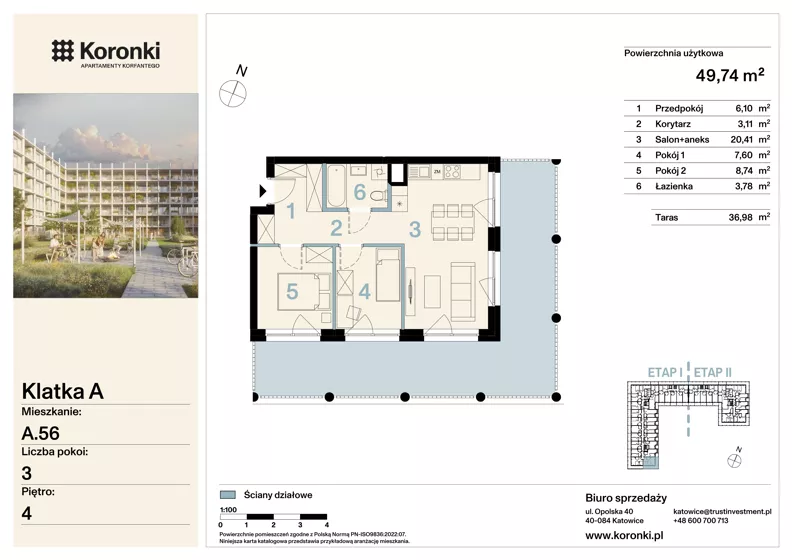 3 pokoje, mieszkanie 49,74 m², piętro 4, oferta nr A.56, Koronki Apartamenty Korfantego, Katowice, Wełnowiec-Józefowiec, al. Wojciecha Korfantego 125a