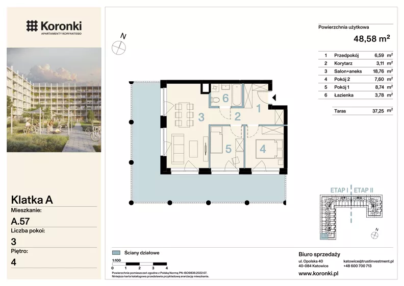 3 pokoje, mieszkanie 48,58 m², piętro 4, oferta nr A.57, Koronki Apartamenty Korfantego, Katowice, Wełnowiec-Józefowiec, al. Wojciecha Korfantego 125a