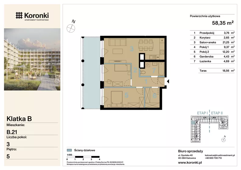 3 pokoje, mieszkanie 58,35 m², piętro 5, oferta nr B.21, Koronki Apartamenty Korfantego, Katowice, Wełnowiec-Józefowiec, al. Wojciecha Korfantego 125a