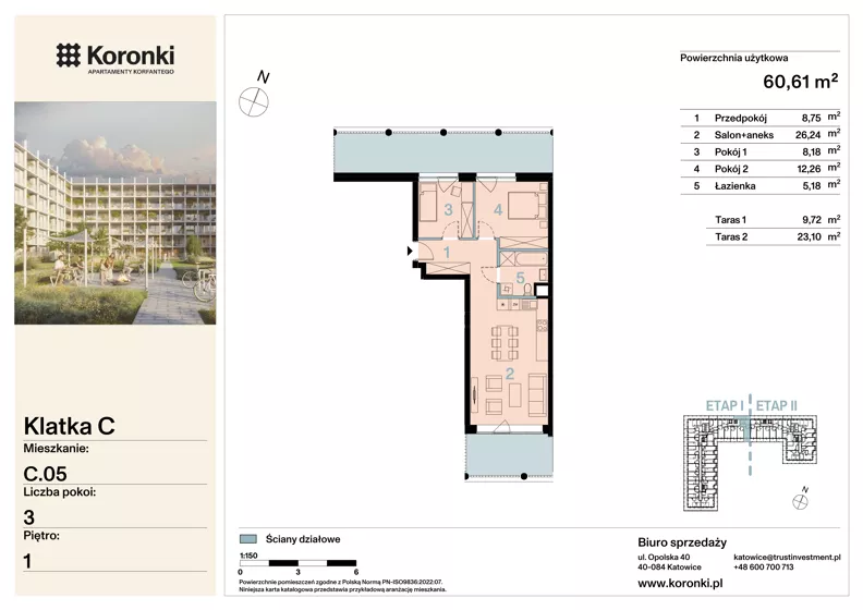 3 pokoje, mieszkanie 60,61 m², piętro 1, oferta nr C.05, Koronki Apartamenty Korfantego, Katowice, Wełnowiec-Józefowiec, al. Wojciecha Korfantego 125a
