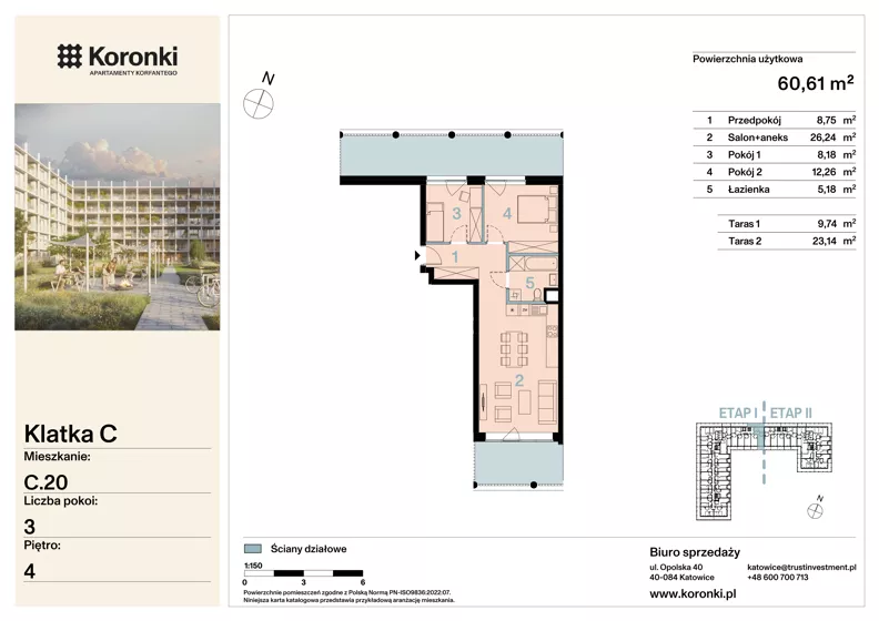 3 pokoje, mieszkanie 60,61 m², piętro 4, oferta nr C.20, Koronki Apartamenty Korfantego, Katowice, Wełnowiec-Józefowiec, al. Wojciecha Korfantego 125a