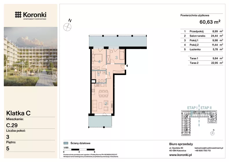 3 pokoje, mieszkanie 60,63 m², piętro 5, oferta nr C.29, Koronki Apartamenty Korfantego, Katowice, Wełnowiec-Józefowiec, al. Wojciecha Korfantego 125a