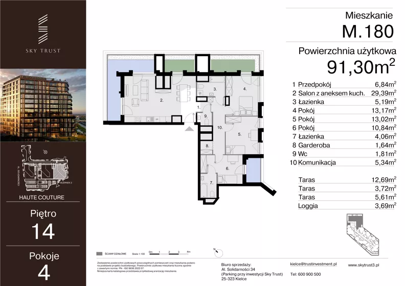 4 pokoje, mieszkanie 91,30 m², piętro 14, oferta nr M.180, Sky Trust III, Kielce, Bocianek, al. Solidarności 32 B