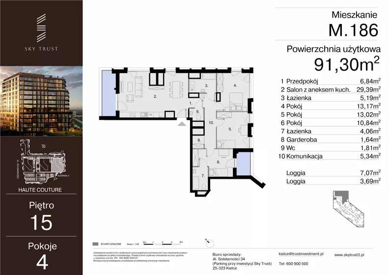 4 pokoje, mieszkanie 91,30 m², piętro 15, oferta nr M.186, Sky Trust III, Kielce, Bocianek, al. Solidarności 32 B