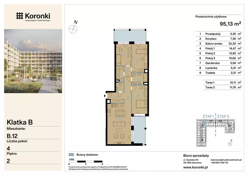 4 pokoje, mieszkanie 95,13 m², piętro 2, oferta nr B.12, Koronki Apartamenty Korfantego, Katowice, Wełnowiec-Józefowiec, al. Wojciecha Korfantego 125a