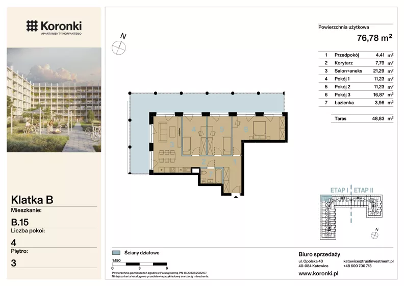 4 pokoje, mieszkanie 76,78 m², piętro 3, oferta nr B.15, Koronki Apartamenty Korfantego, Katowice, Wełnowiec-Józefowiec, al. Wojciecha Korfantego 125a