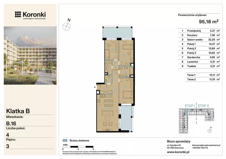 4 pokoje, mieszkanie 95,18 m², piętro 3, oferta nr B.16, Koronki Apartamenty Korfantego, Katowice, Wełnowiec-Józefowiec, al. Wojciecha Korfantego 125a