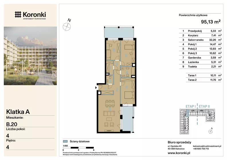 4 pokoje, mieszkanie 95,13 m², piętro 4, oferta nr B.20, Koronki Apartamenty Korfantego, Katowice, Wełnowiec-Józefowiec, al. Wojciecha Korfantego 125a