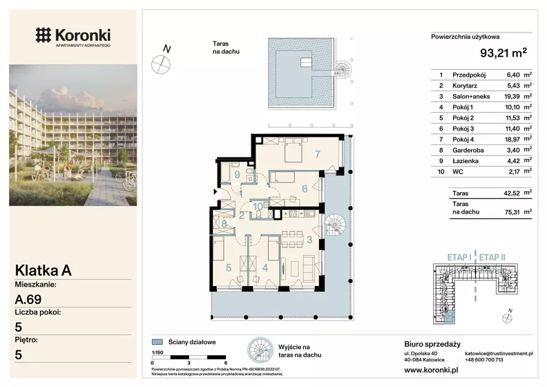 5 pokoi, mieszkanie 93,21 m², piętro 5, oferta nr A.69, Koronki Apartamenty Korfantego, Katowice, Wełnowiec-Józefowiec, al. Wojciecha Korfantego 125a