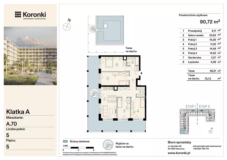 5 pokoi, mieszkanie 90,72 m², piętro 5, oferta nr A.70, Koronki Apartamenty Korfantego, Katowice, Wełnowiec-Józefowiec, al. Wojciecha Korfantego 125a