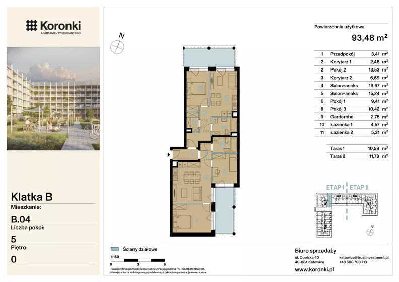 5 pokoi, mieszkanie 93,48 m², parter, oferta nr B.04, Koronki Apartamenty Korfantego, Katowice, Wełnowiec-Józefowiec, al. Wojciecha Korfantego 125a