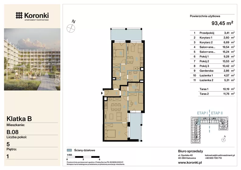 5 pokoi, mieszkanie 93,45 m², piętro 1, oferta nr B.08, Koronki Apartamenty Korfantego, Katowice, Wełnowiec-Józefowiec, al. Wojciecha Korfantego 125a