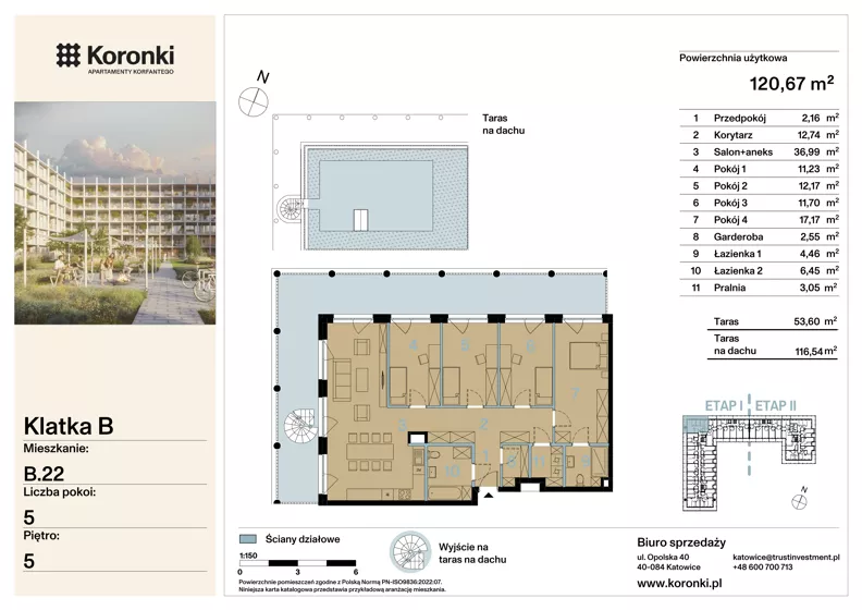 5 pokoi, mieszkanie 120,67 m², piętro 5, oferta nr B.22, Koronki Apartamenty Korfantego, Katowice, Wełnowiec-Józefowiec, al. Wojciecha Korfantego 125a