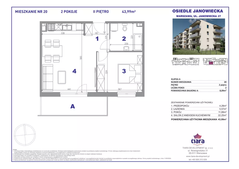 2 pokoje, mieszkanie 43,99 m², piętro 2, oferta nr 20, Osiedle Janowiecka 27, Warszawa, Targówek, Elsnerów, ul. Janowiecka 27