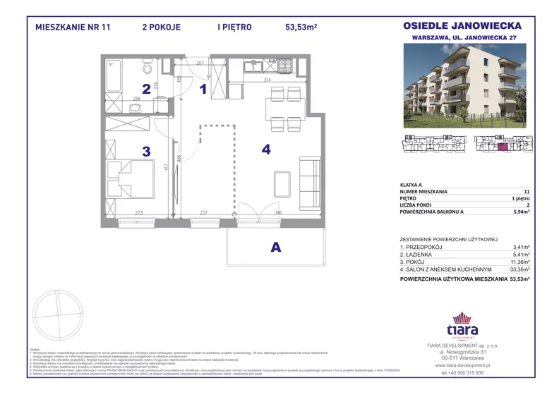 2 pokoje, mieszkanie 53,53 m², piętro 1, oferta nr 11, Osiedle Janowiecka 27, Warszawa, Targówek, Elsnerów, ul. Janowiecka 27