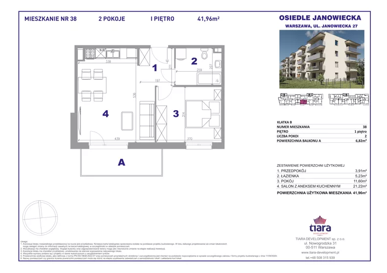 2 pokoje, mieszkanie 41,96 m², piętro 1, oferta nr 38, Osiedle Janowiecka 27, Warszawa, Targówek, Elsnerów, ul. Janowiecka 27