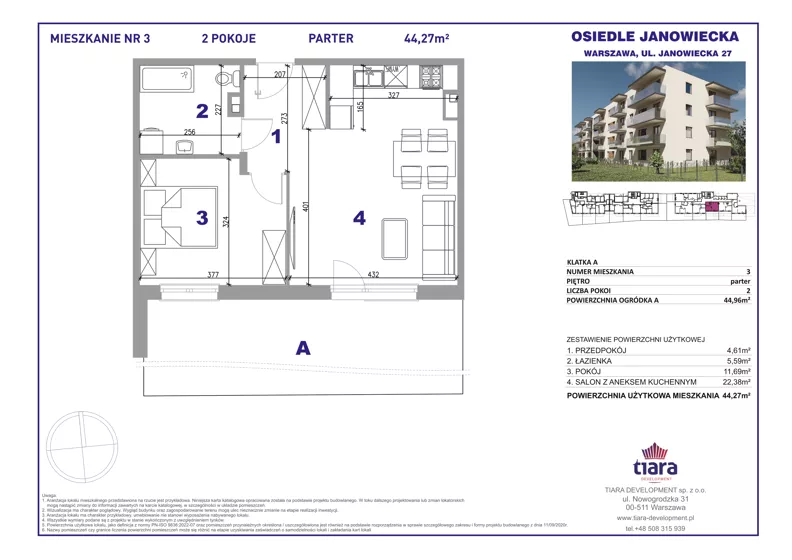 2 pokoje, mieszkanie 44,27 m², parter, oferta nr 3, Osiedle Janowiecka 27, Warszawa, Targówek, Elsnerów, ul. Janowiecka 27