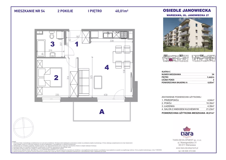 2 pokoje, mieszkanie 40,01 m², piętro 1, oferta nr 54, Osiedle Janowiecka 27, Warszawa, Targówek, Elsnerów, ul. Janowiecka 27