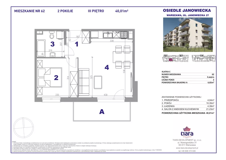 2 pokoje, mieszkanie 40,01 m², piętro 3, oferta nr 62, Osiedle Janowiecka 27, Warszawa, Targówek, Elsnerów, ul. Janowiecka 27