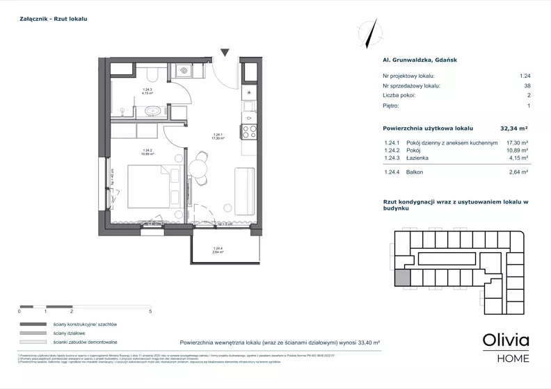 2 pokoje, apartament inwestycyjny 32,34 m², piętro 1, oferta nr 1.24, Olivia Pulse, Gdańsk, Oliwa, ul. Grunwaldzka
