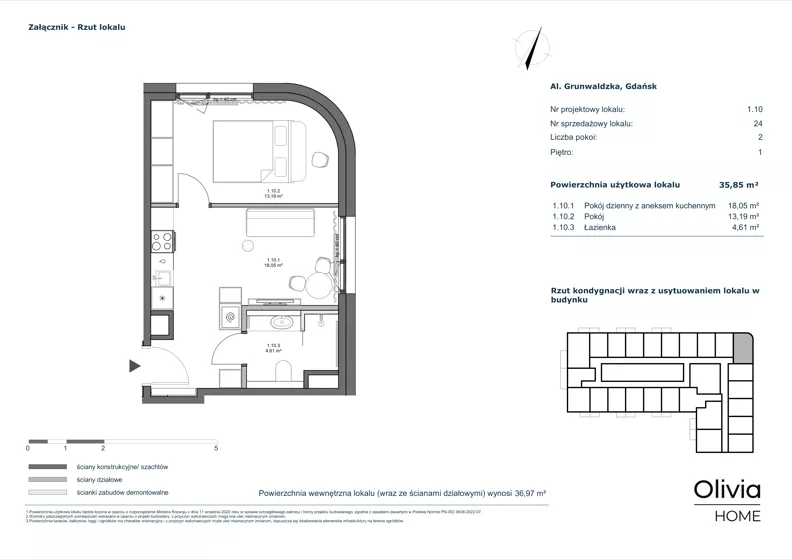 2 pokoje, apartament inwestycyjny 35,85 m², piętro 1, oferta nr 1.10, Olivia Pulse, Gdańsk, Oliwa, ul. Grunwaldzka