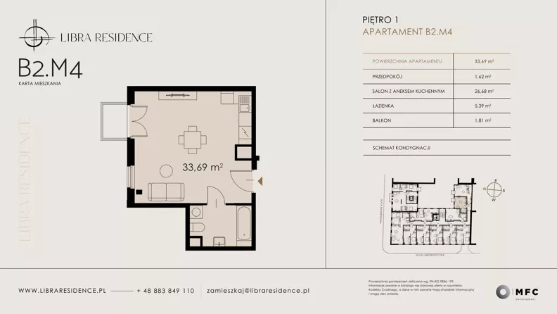 1 pokój, apartament 33,69 m², piętro 1, oferta nr B2.M4, Libra Residence, Kraków, Stare Miasto, ul. Librowszczyzna 3 / Bonerowska 1
