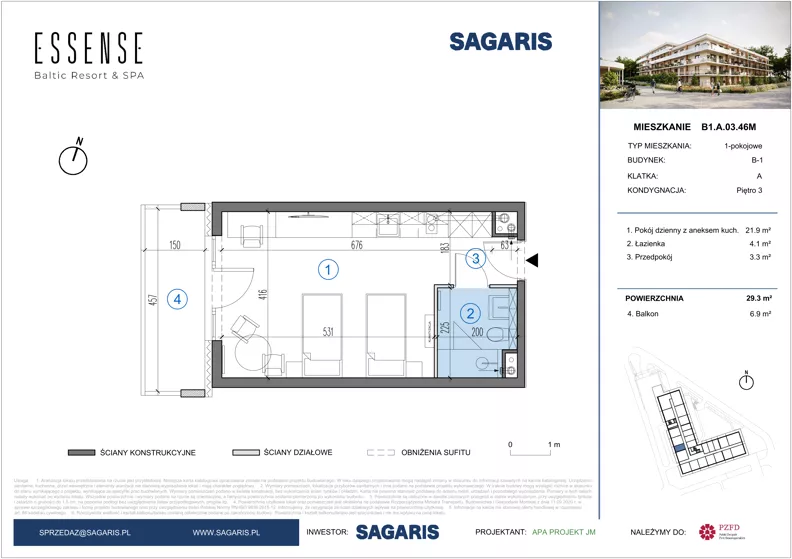 1 pokój, mieszkanie 29,30 m², piętro 3, oferta nr B1.A.03.46M, ESSENSE Baltic Resort II, Dziwnów, ul. Kaprala Koniecznego 14